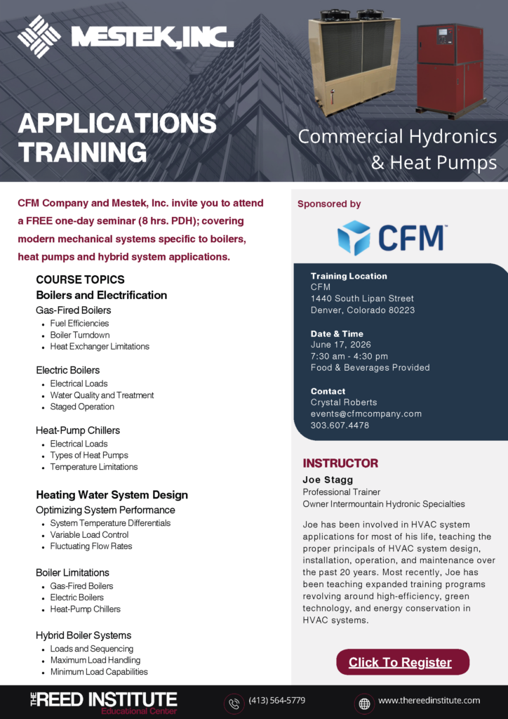 Applications -Denver -CFM June 17 2026 - CFM Company Promotional flyer for Mestek, Inc. Applications Training onCommercial Hydronics & Heat Pumps with sponsor and venue details