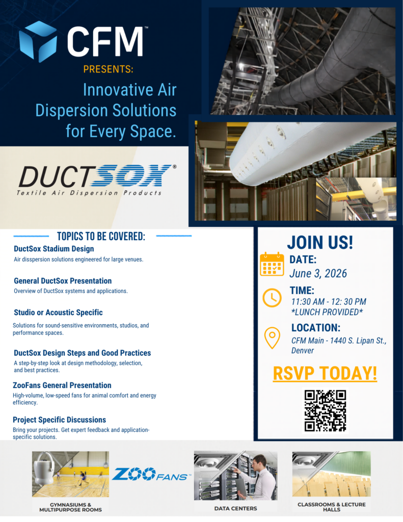 DuctSox Flyer 2026 - CFM Company Poster for CFM event: Innovative Air Dispersion Solutions for every space with DuctSox logo and schedule details.
